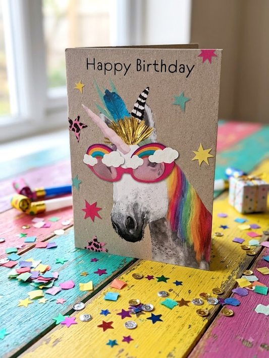 Happy Birthday unicorn greeting card featuring a quirky unicorn with rainbow sunglasses, gold glitter horn and rainbow mane on a kraft background with colourful stars, styled on a colourful wooden table with confetti