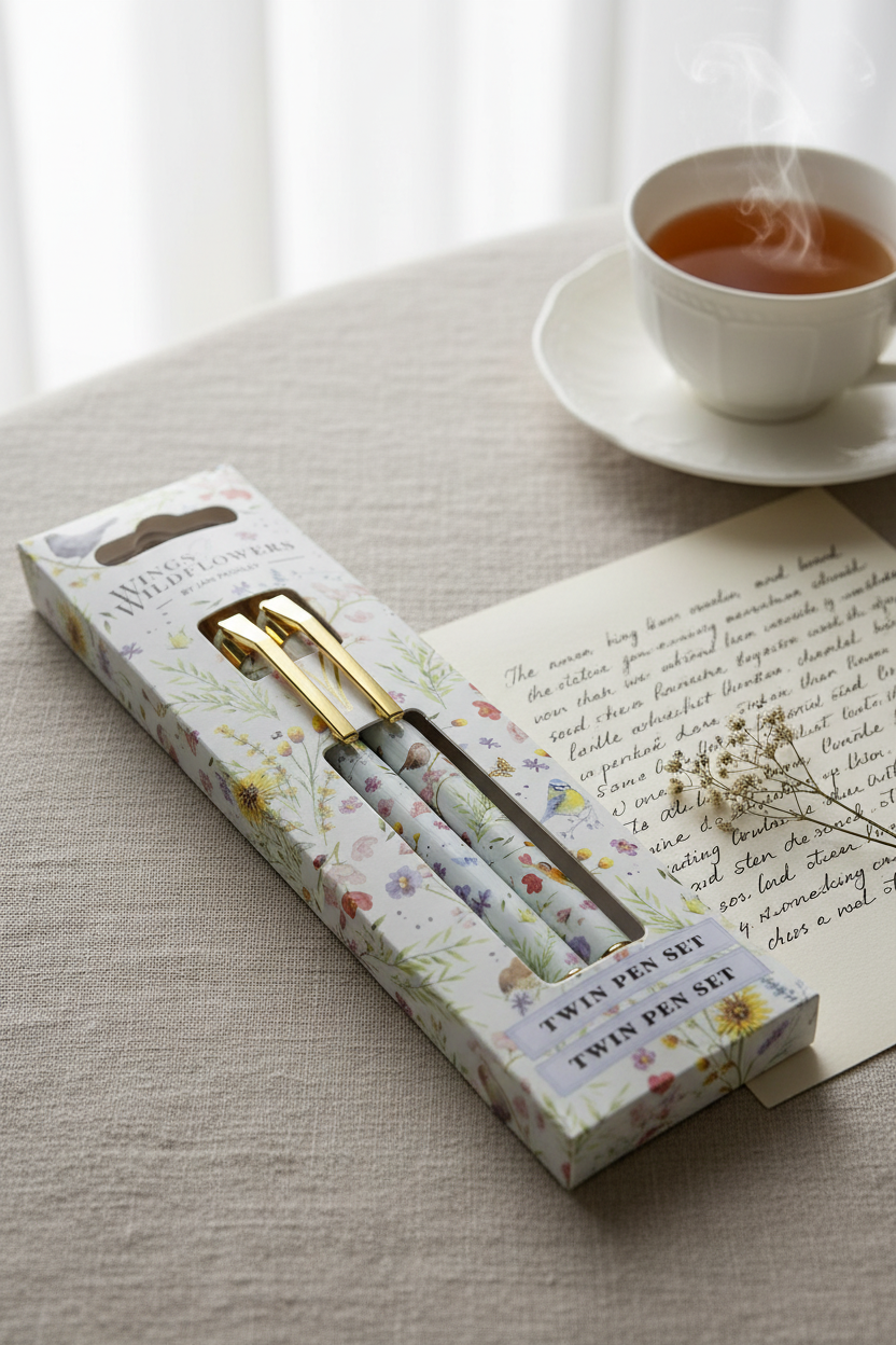 Wings & Wildflowers twin pen set by Jan Pashley styled with a handwritten letter and dried flowers on a linen surface