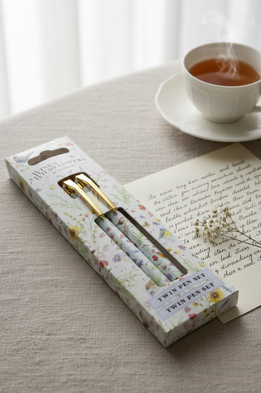 Wings & Wildflowers twin pen set by Jan Pashley styled with a handwritten letter and dried flowers on a linen surface