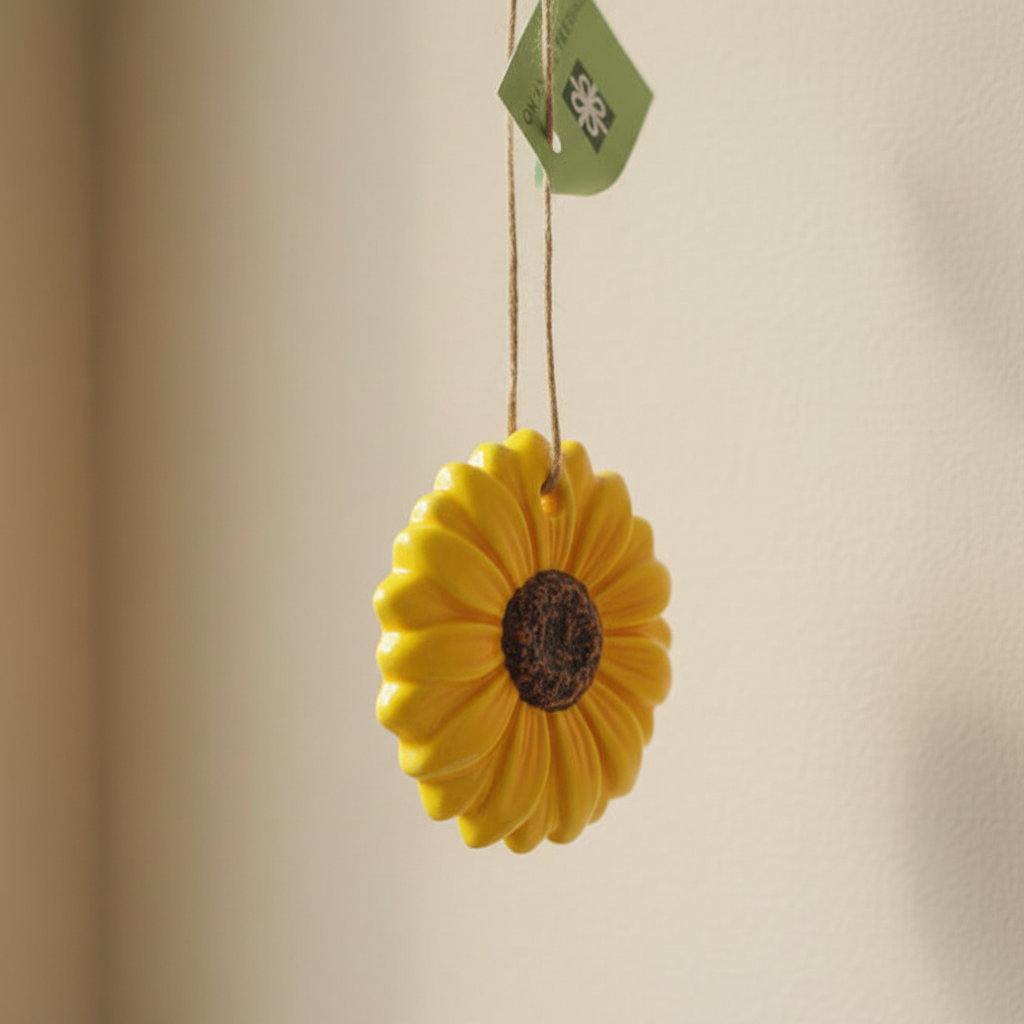 Ceramic hanging sunflower ornament shown from a three-quarter side angle with jute twine hanger