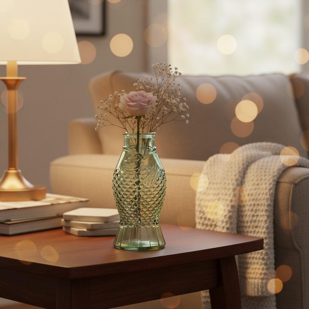Green glass fish-shaped vase in a cosy home setting