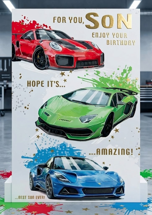 For You Son Enjoy Your Birthday card featuring three supercar illustrations in red, green and blue with gold foil lettering and paint splash details, displayed in a garage setting