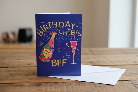 Birthday Cheers BFF champagne card standing upright spine-left slightly open in a cosy lifestyle setting