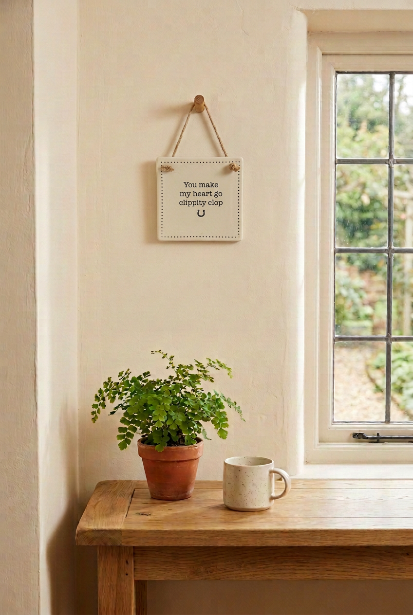 You Make My Heart Go Clippity Clop hanging sign in a cottage-style setting