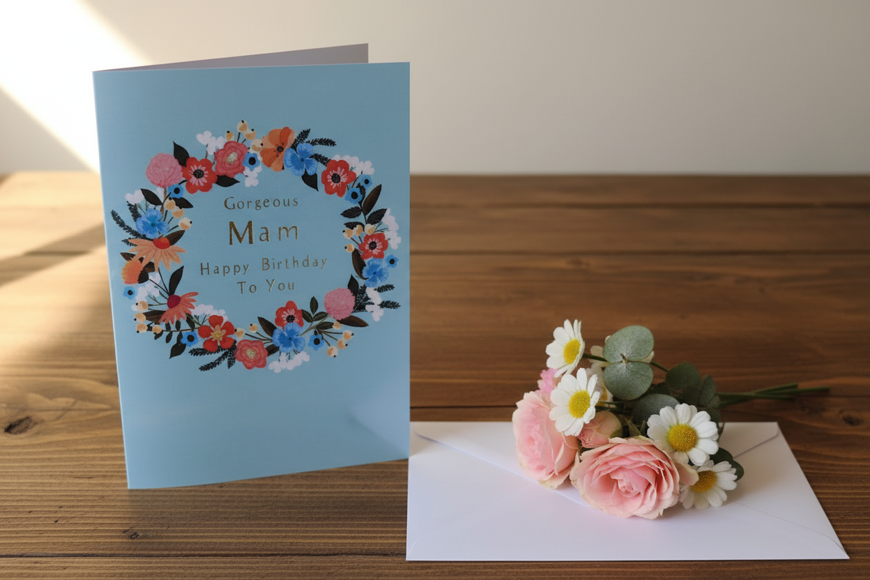 Gorgeous Mam floral wreath birthday card standing upright spine-left slightly open in a cosy lifestyle setting