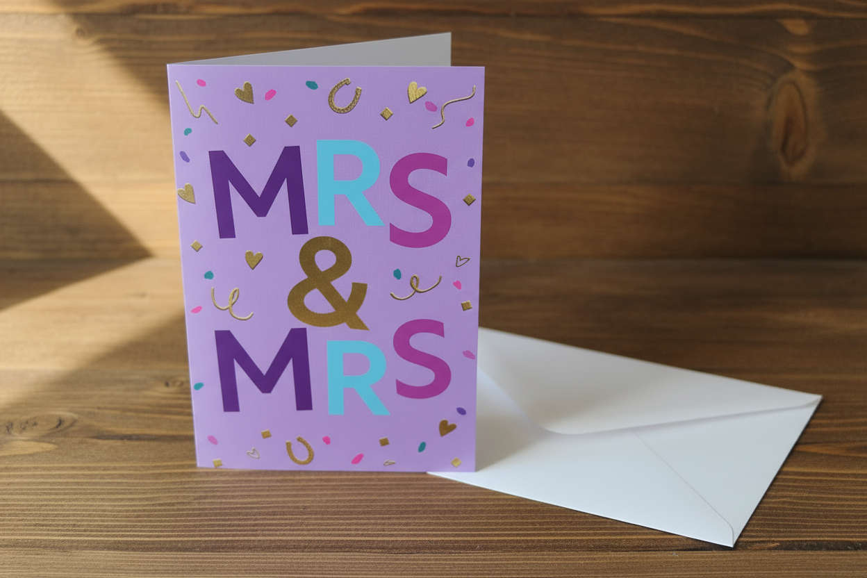 Mrs and Mrs lilac wedding card standing upright spine-left slightly open in a cosy lifestyle setting