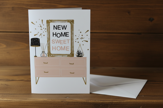 New Home Sweet Home sideboard card standing upright spine-left slightly open in a cosy lifestyle setting