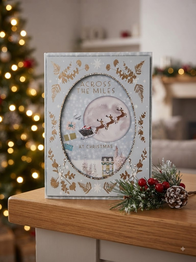 Across The Miles At Christmas card with Santa's sleigh over a full moon and gold foil botanical border on grey-blue background