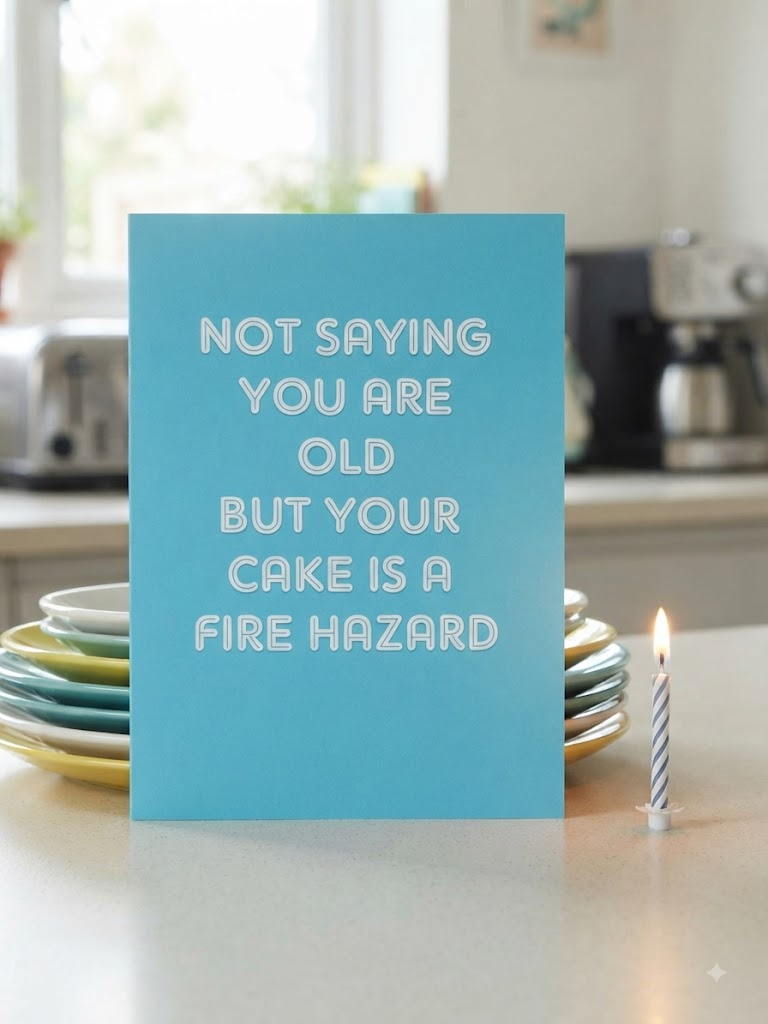 Funny birthday card reading 'Not Saying You Are Old But Your Cake Is A Fire Hazard' in bold white text on a bright teal background, displayed on a kitchen counter beside a lit birthday candle and a stack of colourful plates