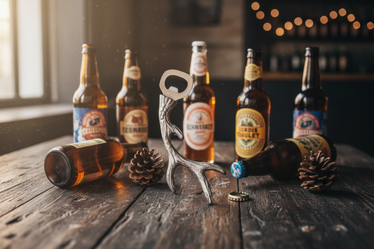 Antler bottle opener styled on a dark wooden surface with craft beer bottles and pine cones, warm moody home bar atmosphere