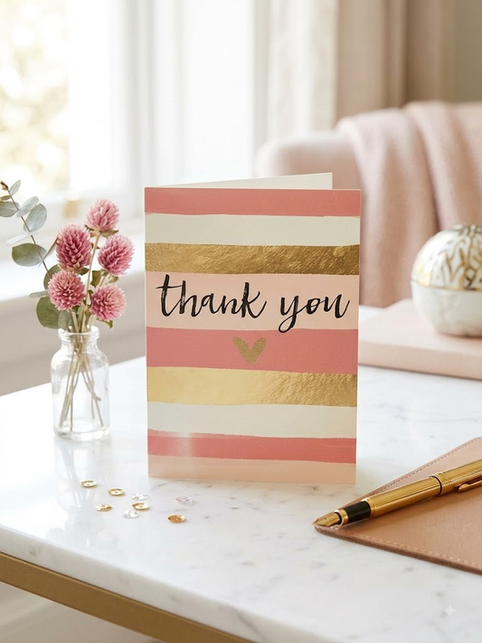 Thank You card with blush pink, cream and gold foil stripes and elegant script