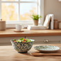 William Morris navy botanical print ceramic bowl styled in a cosy kitchen setting
