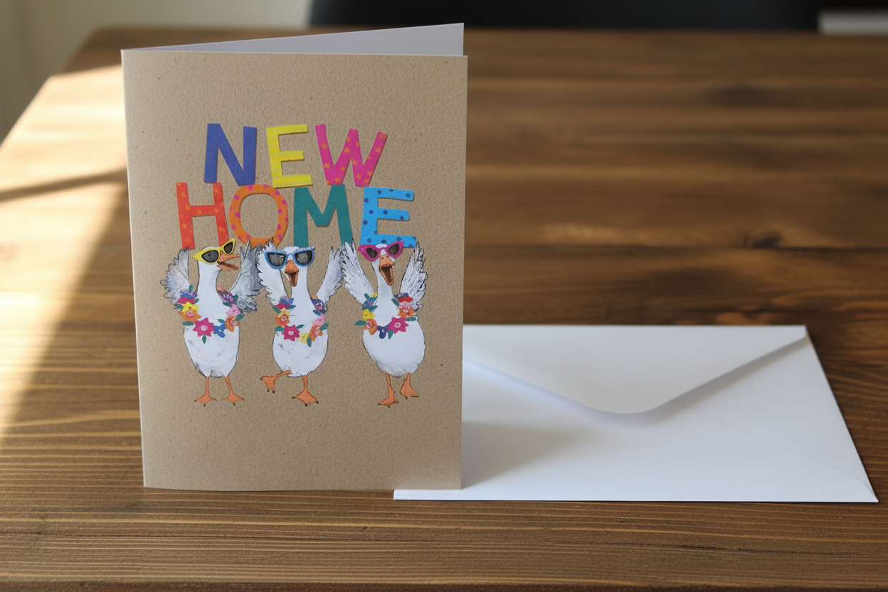 New Home geese card standing upright spine-left slightly open in a cosy lifestyle setting