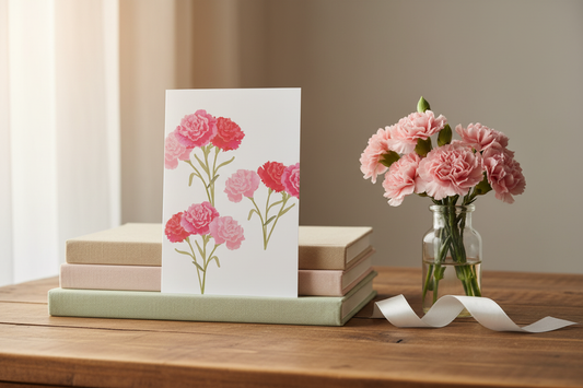 Pink carnation botanical card styled in a cosy lifestyle setting