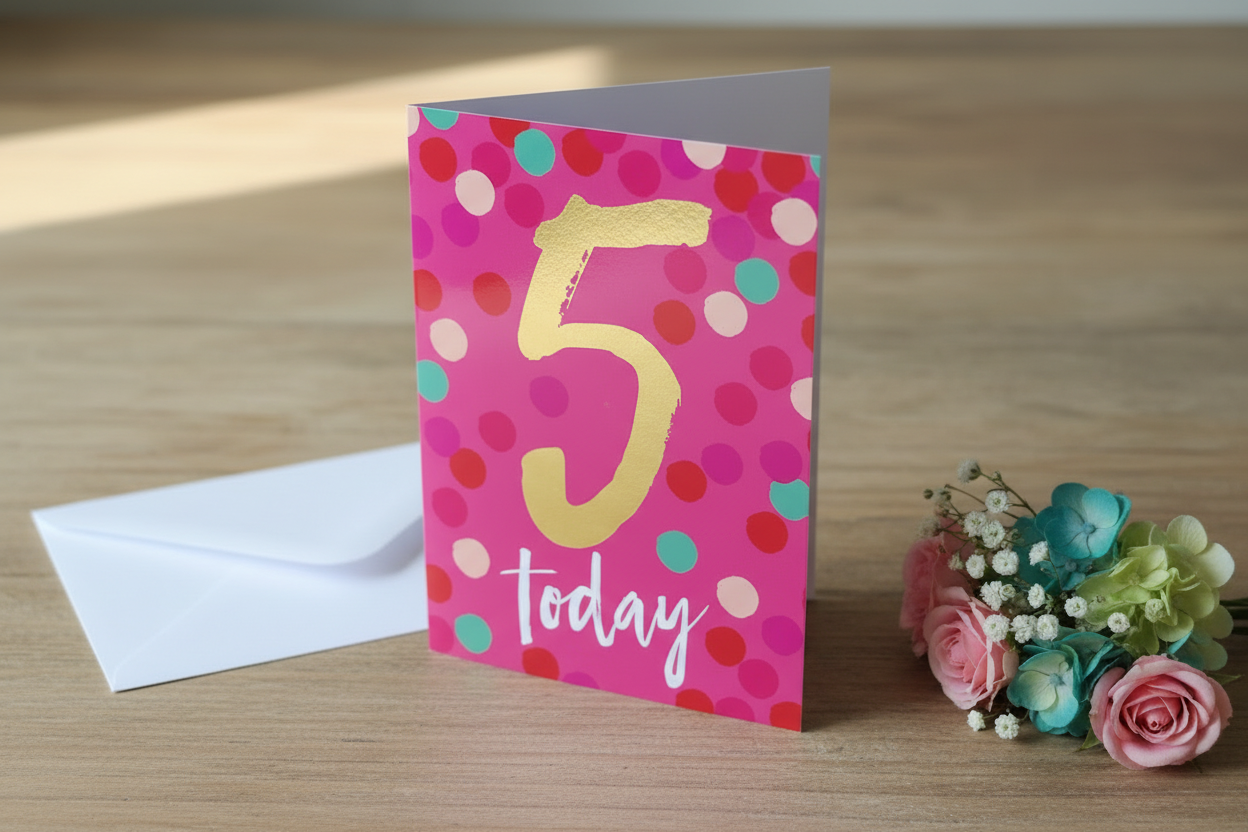 5 Today birthday card standing open spine-left in a cosy lifestyle setting