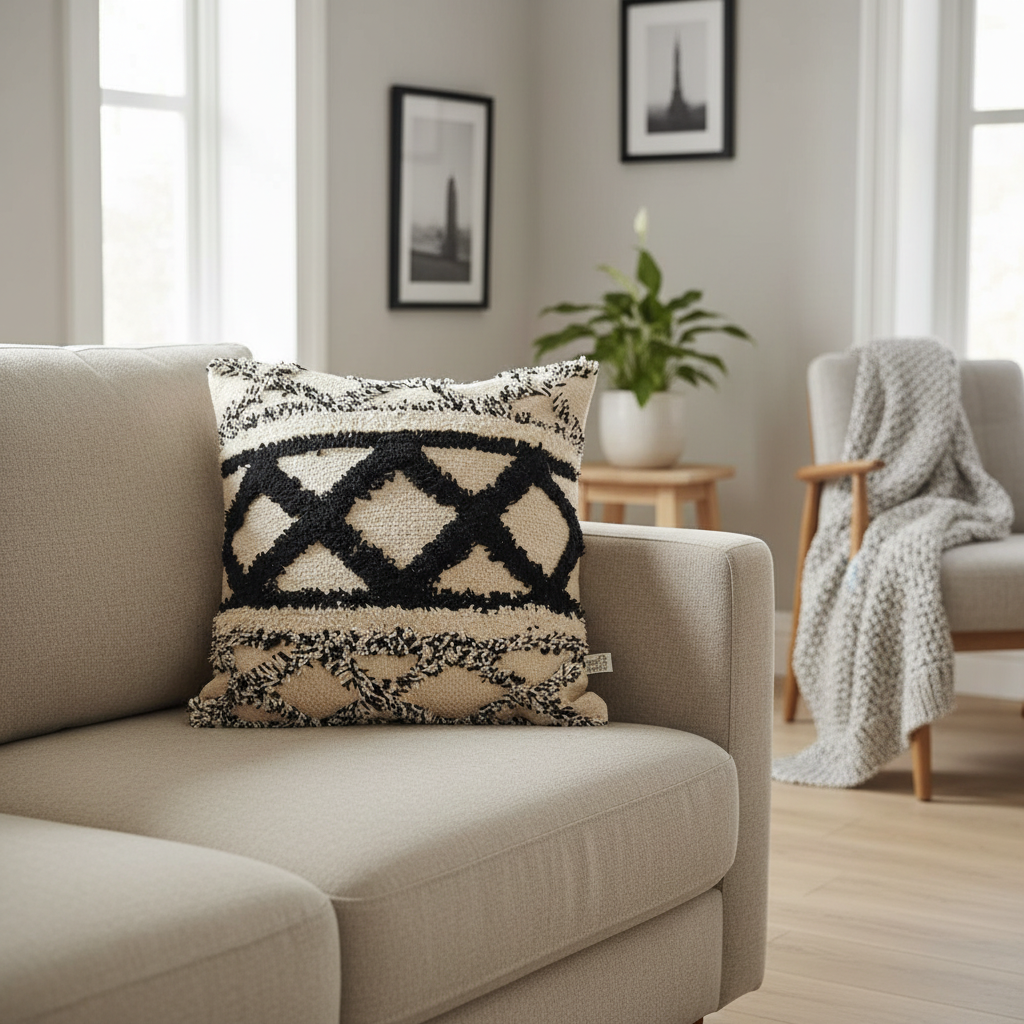 Scandi boho black and cream geometric tufted cushion on a light linen sofa in a cosy scandi interior