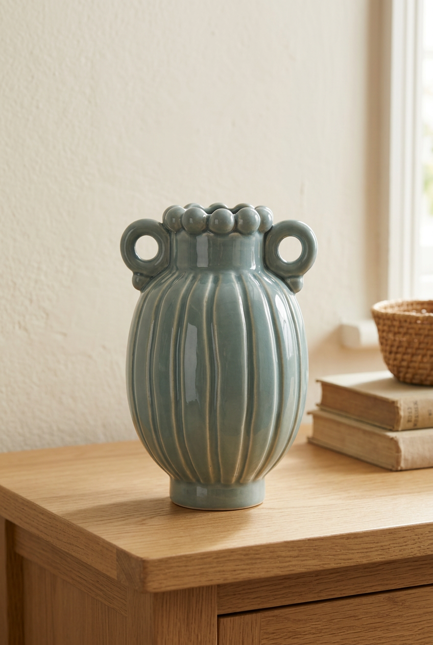 Pale blue ribbed vase with loop handles in a cottage-style setting
