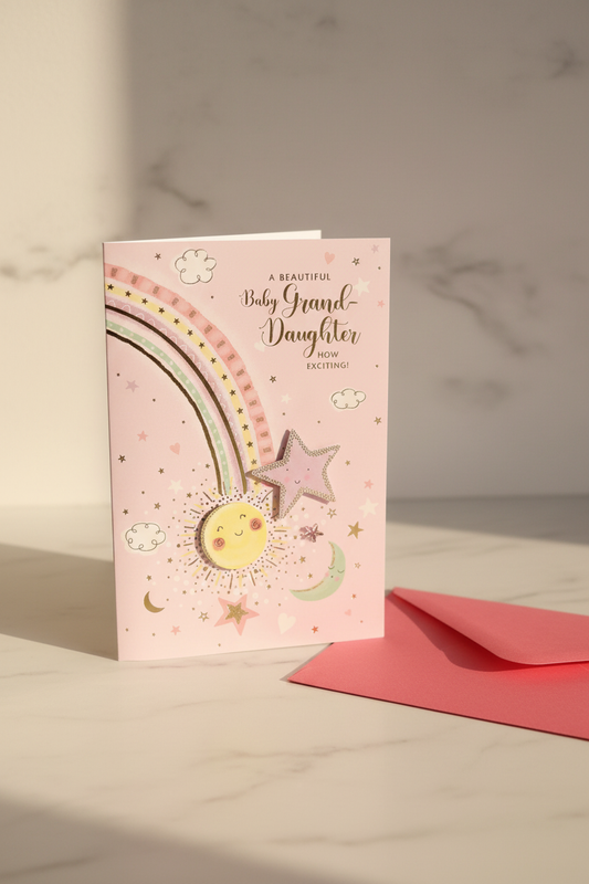 Baby Grand-Daughter card lifestyle shot – upright with pink envelope, warm natural light