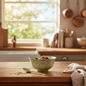 William Morris sage green botanical print ceramic bowl styled in a cosy kitchen setting