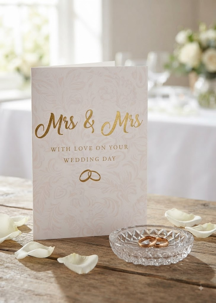 Mrs and Mrs With Love On Your Wedding Day card featuring gold foil lettering and intertwined rings motif on soft cream, displayed on a rustic wooden table with rose petals, wedding rings in a crystal dish and white roses in the background