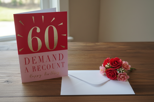 60 Demand A Recount birthday card standing open spine-left in a cosy lifestyle setting