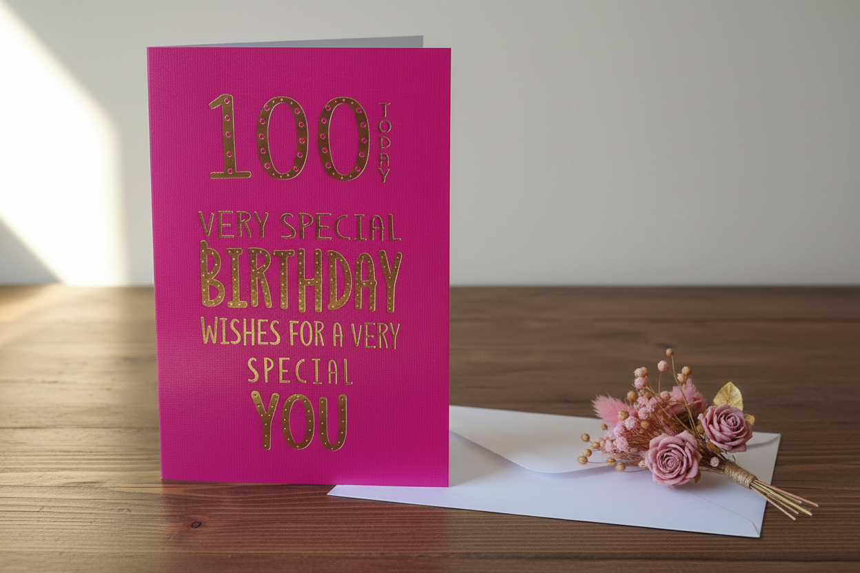 100 Today birthday card standing open spine-left in a cosy lifestyle setting