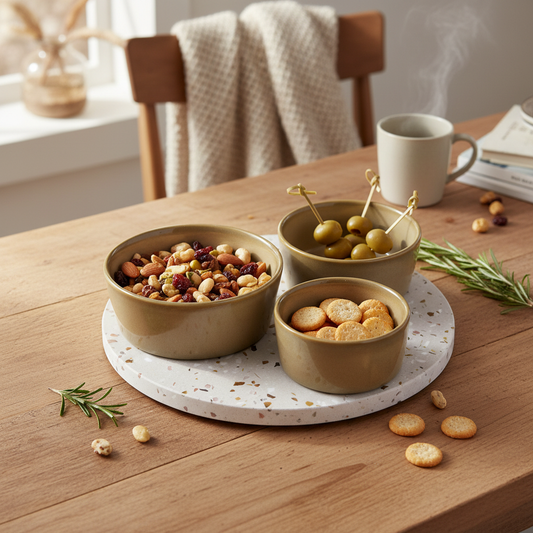 Terrazzo snack bowls set of 3 styled on a cosy kitchen table with nibbles
