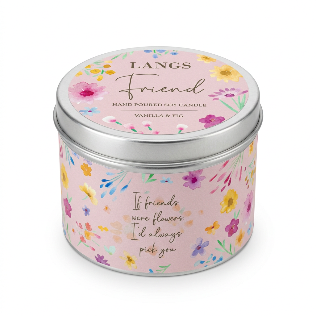 Pink floral Langs Friend Vanilla & Fig soy candle tin with its lid on, against a white background.