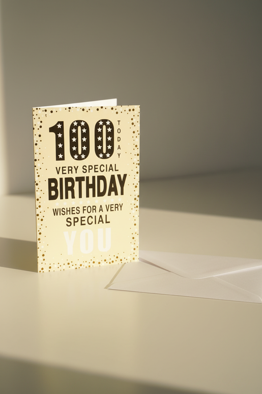 100 Today birthday card lifestyle shot – spine left, white envelope, warm natural light