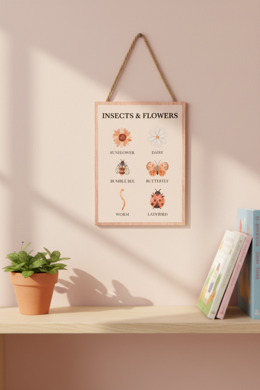Insects and Flowers educational hanging sign styled in a child's nursery