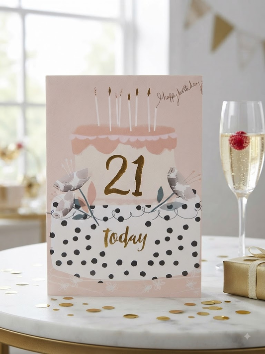 21 Today birthday card with gold foil lettering on illustrated blush pink birthday cake with candles and flowers