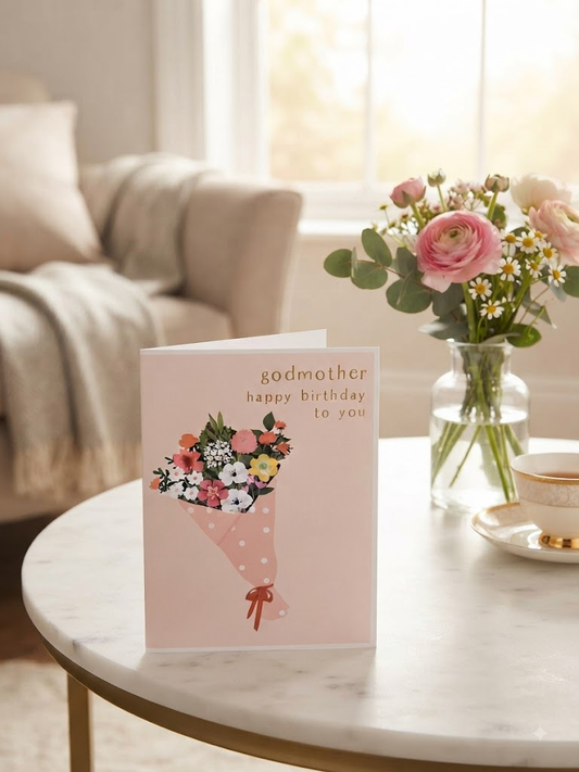 Godmother Happy Birthday To You card with illustrated flower bouquet on a blush pink background
