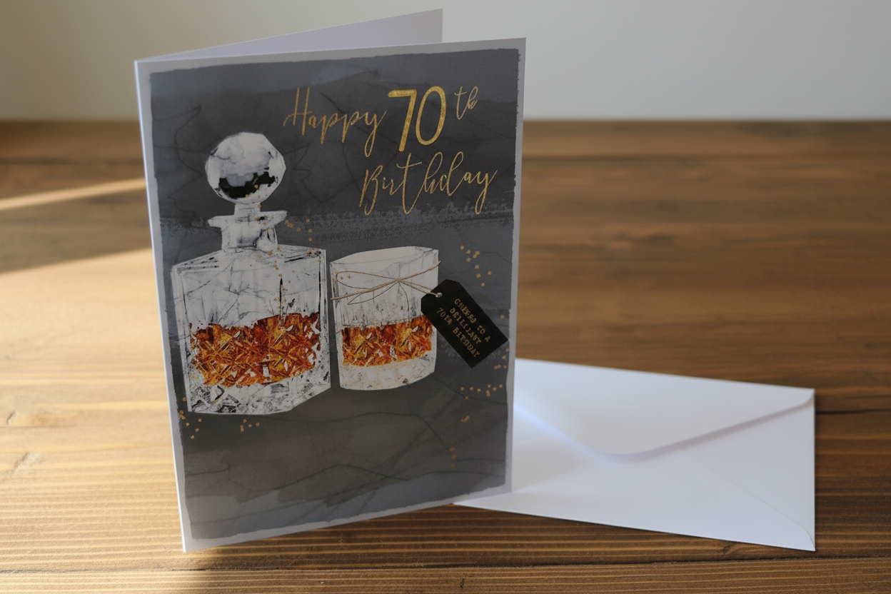 Happy 70th Birthday whisky decanter card standing upright spine-left slightly open in a cosy lifestyle setting