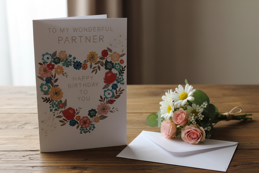 To My Wonderful Partner birthday card standing open spine-left in a cosy lifestyle setting