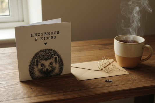Hedgehugs and Kisses hedgehog card standing open spine-left in a cosy lifestyle setting