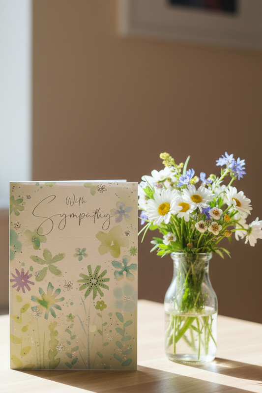 With Sympathy wildflower card lifestyle image on wooden desk