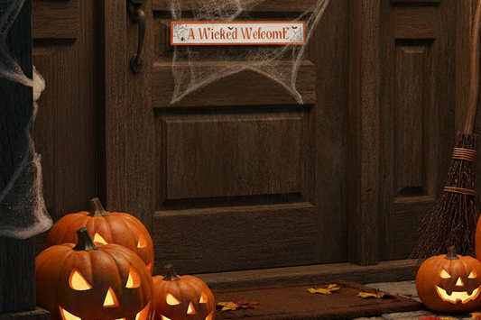 A Wicked Welcome Halloween sign displayed horizontally on a rustic front door with carved pumpkins and cobwebs