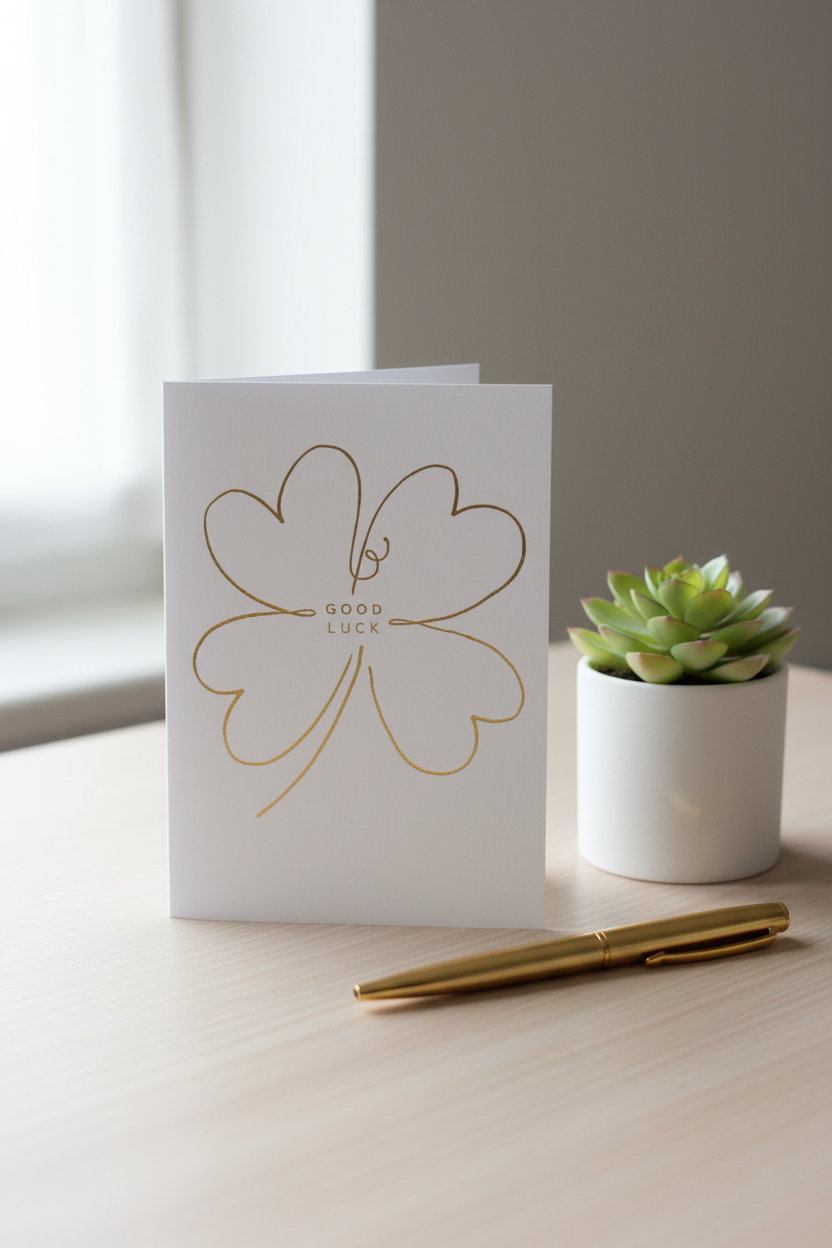 Good Luck clover card lifestyle image on wooden desk