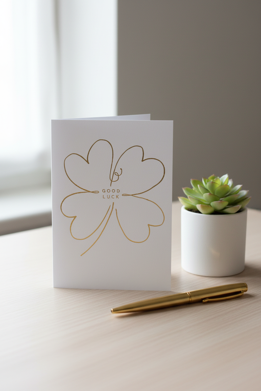 Good Luck clover card lifestyle image on wooden desk