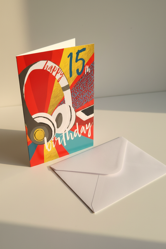 Happy 15th Birthday card lifestyle shot – upright with white envelope, warm natural light