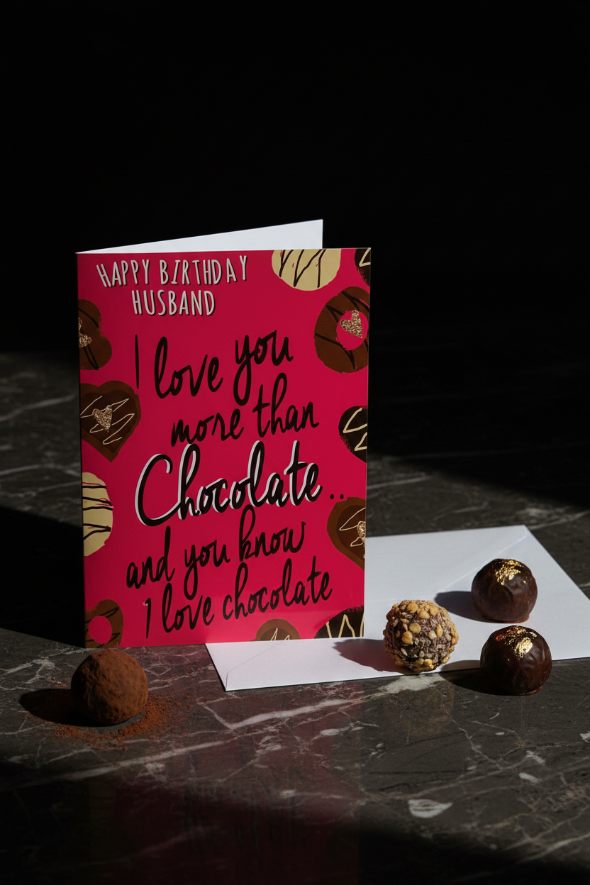 Happy Birthday Husband chocolate card upright with white envelope on dark marble with chocolate truffles