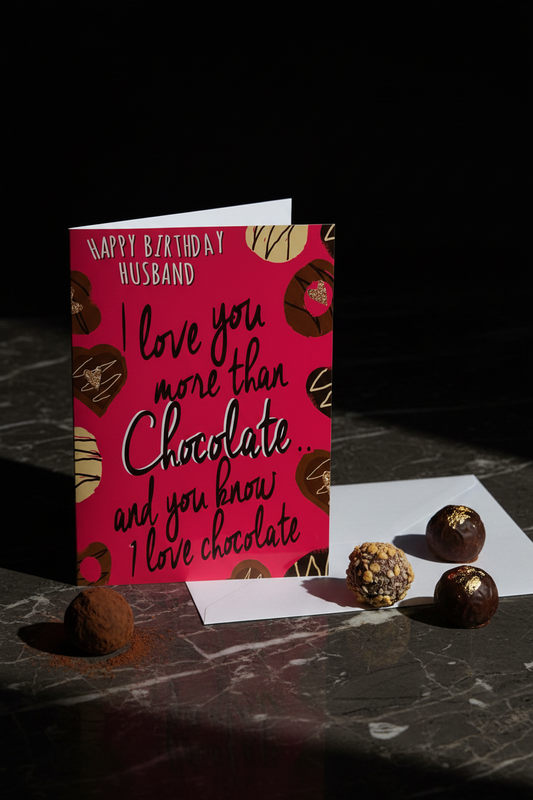 Happy Birthday Husband chocolate card upright with white envelope on dark marble with chocolate truffles