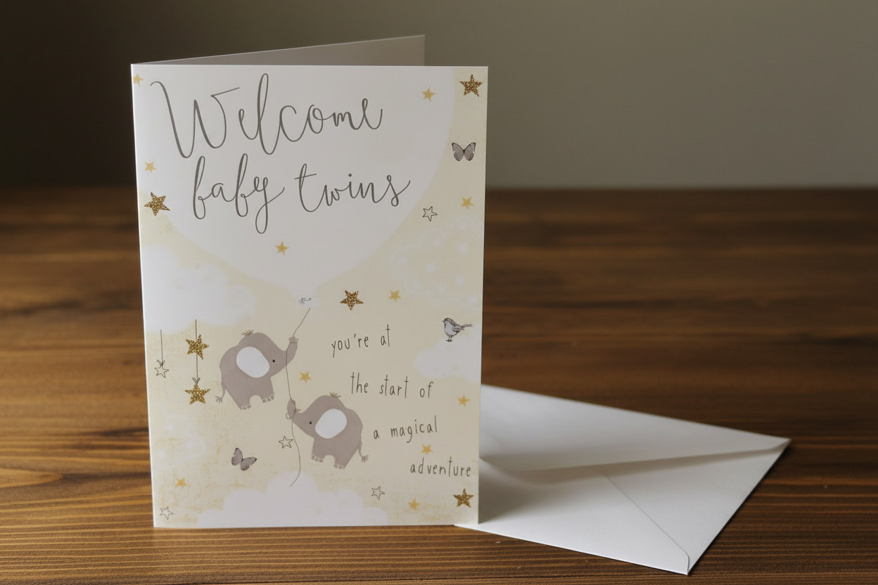 Welcome baby twins elephant greeting card lifestyle photo on rustic wooden surface with white envelope