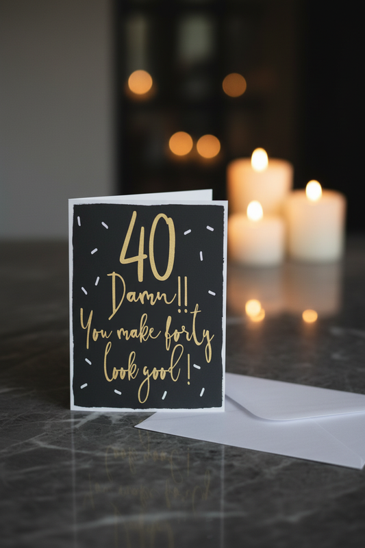 40th birthday card lifestyle shot – dark marble surface with candlelight bokeh and white envelope