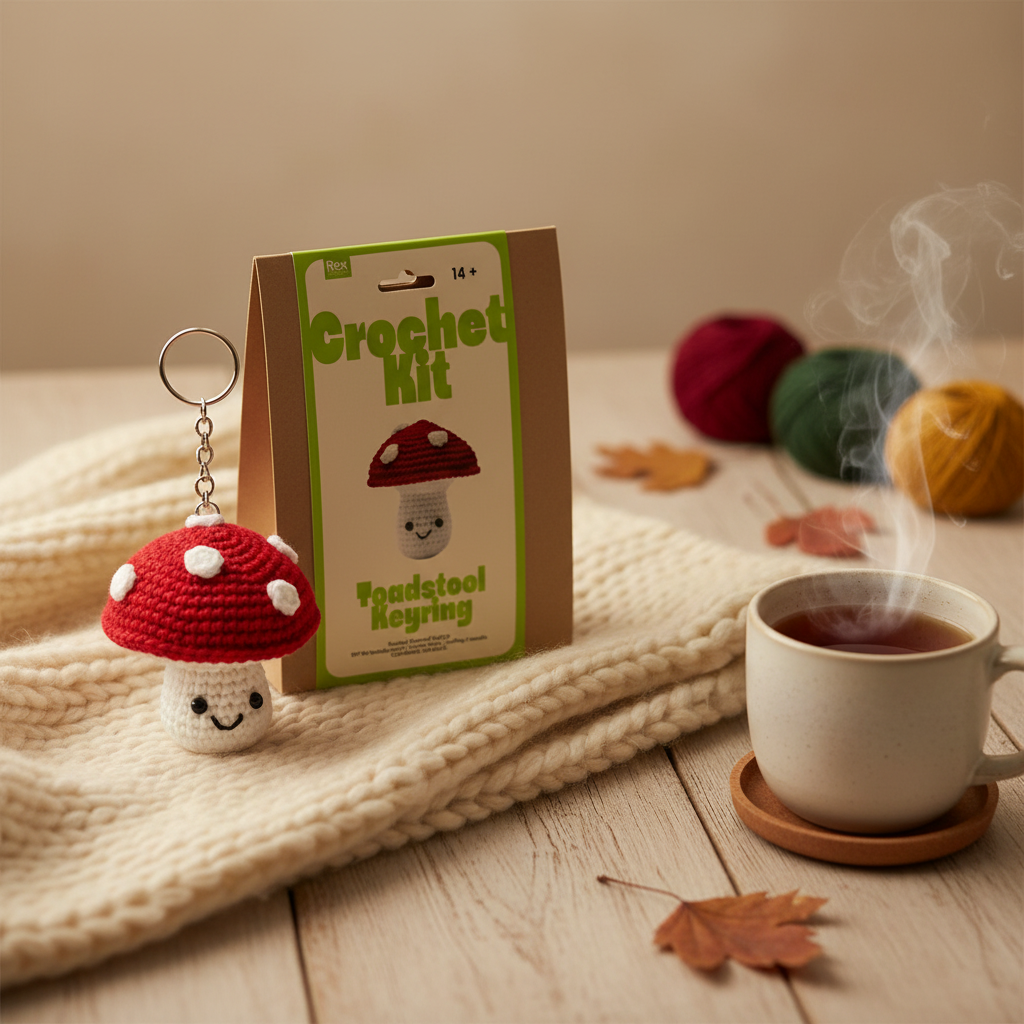 Crochet Toadstool Keyring Kit 13.5cm by Rex London - finished mushroom keyring and kraft packaging