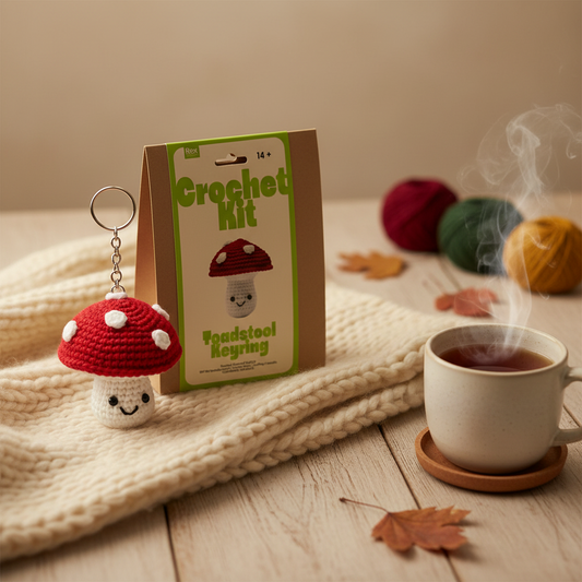 Crochet Toadstool Keyring Kit 13.5cm by Rex London - finished mushroom keyring and kraft packaging