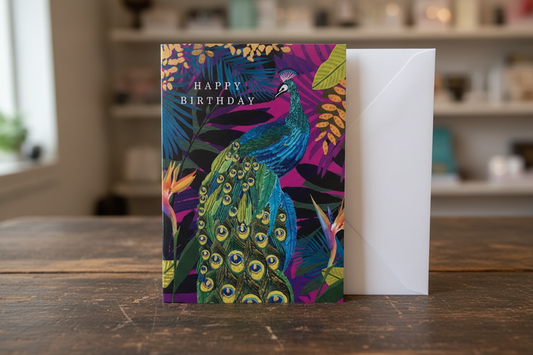 Happy Birthday peacock tropical card standing upright spine-left slightly open in a cosy lifestyle setting