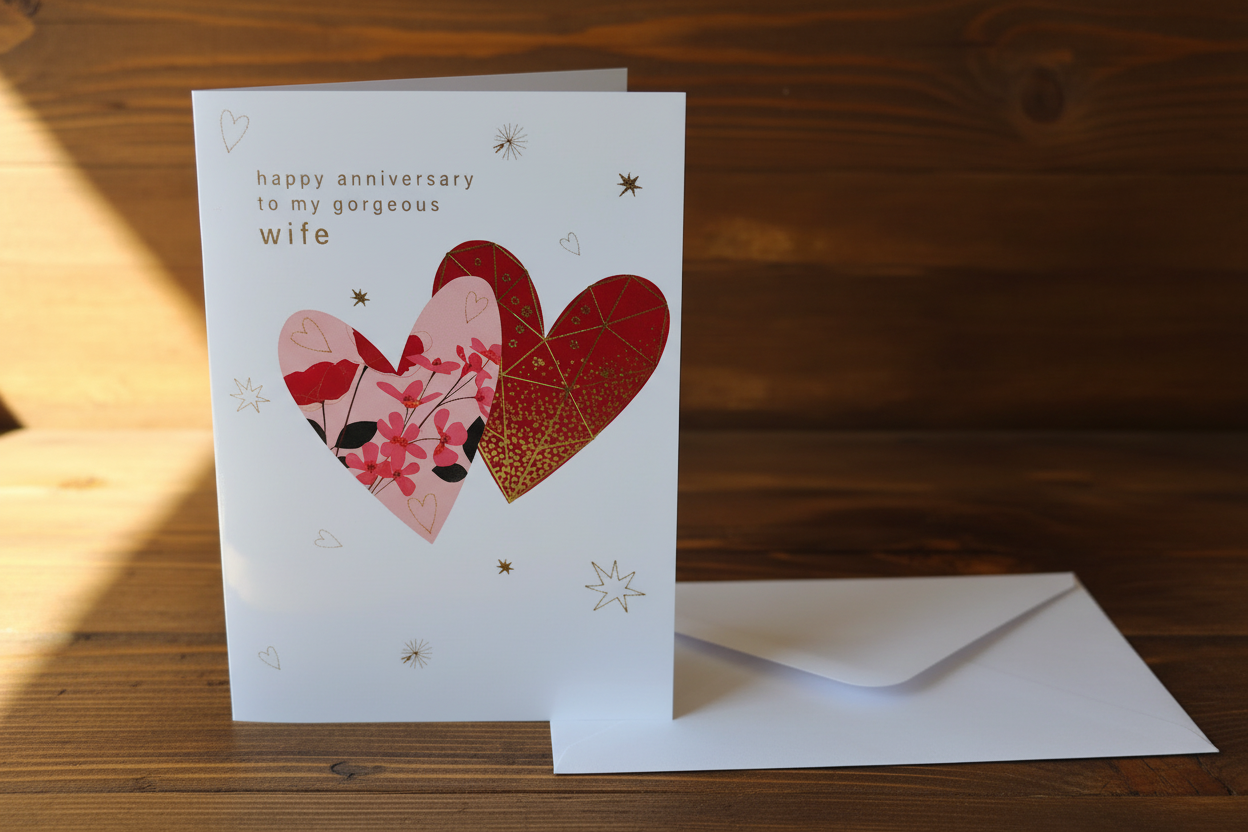 Happy Anniversary wife card standing upright spine-left slightly open in a cosy lifestyle setting
