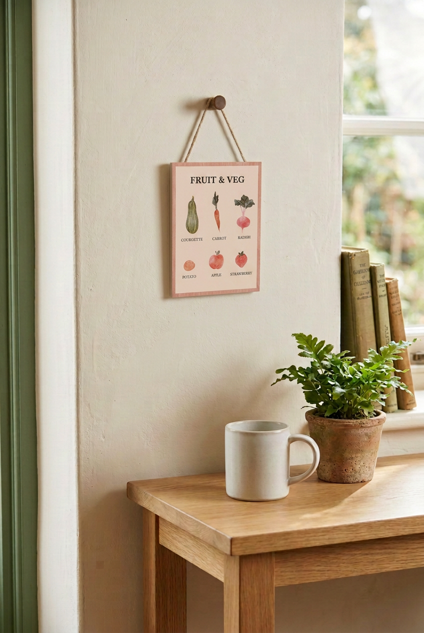 Fruit & Veg hanging sign displayed above a wooden table beside a mug and potted fern