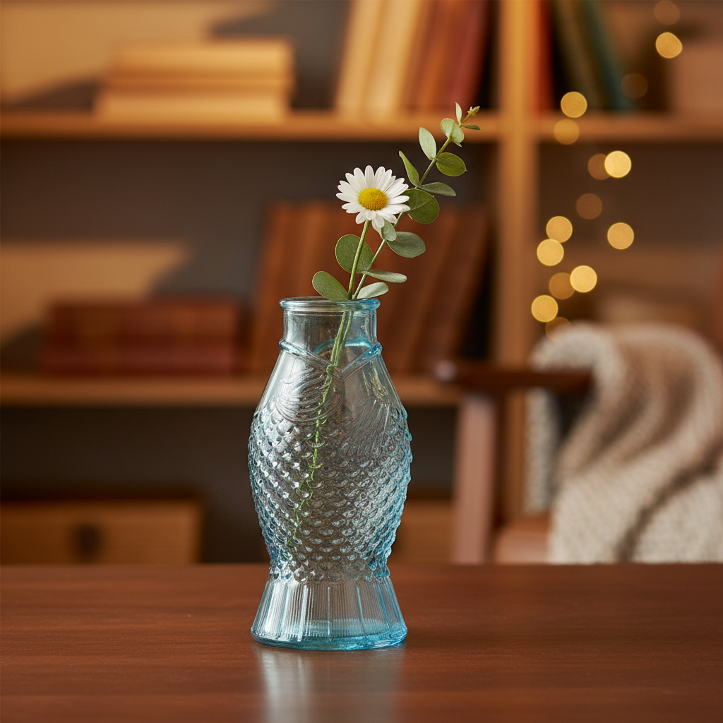 Blue glass fish-shaped vase in a cosy home setting